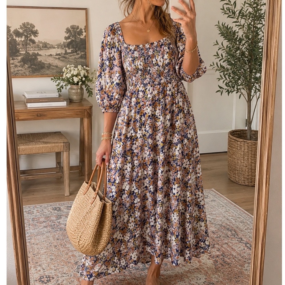 Shop Neighbor Floral Dress gauzy boho babydoll peasant dress asymmetrical‎ hem M